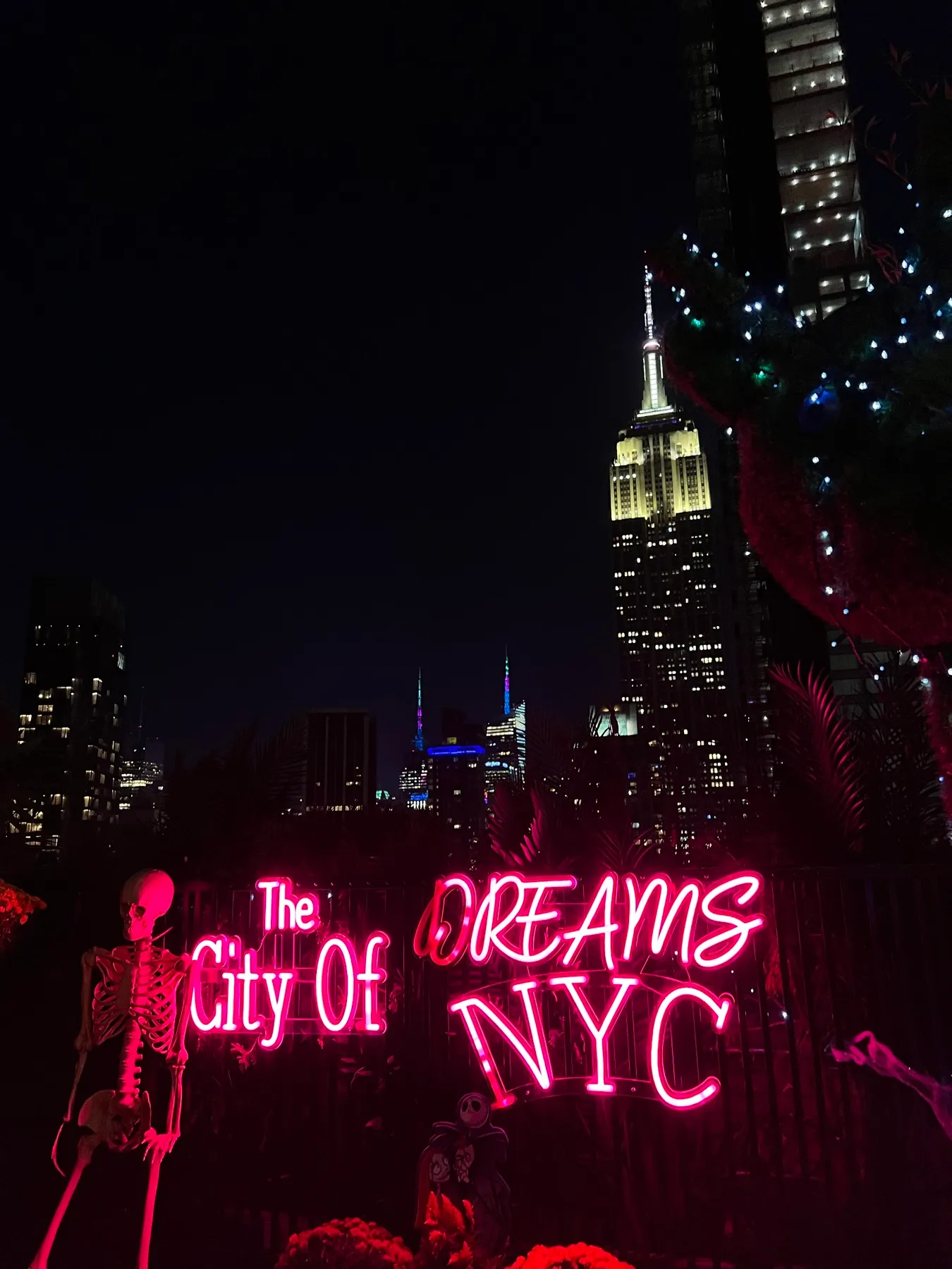 Neón City of Dreams NYC y el Empire State en el 230 Fifth Rooftop